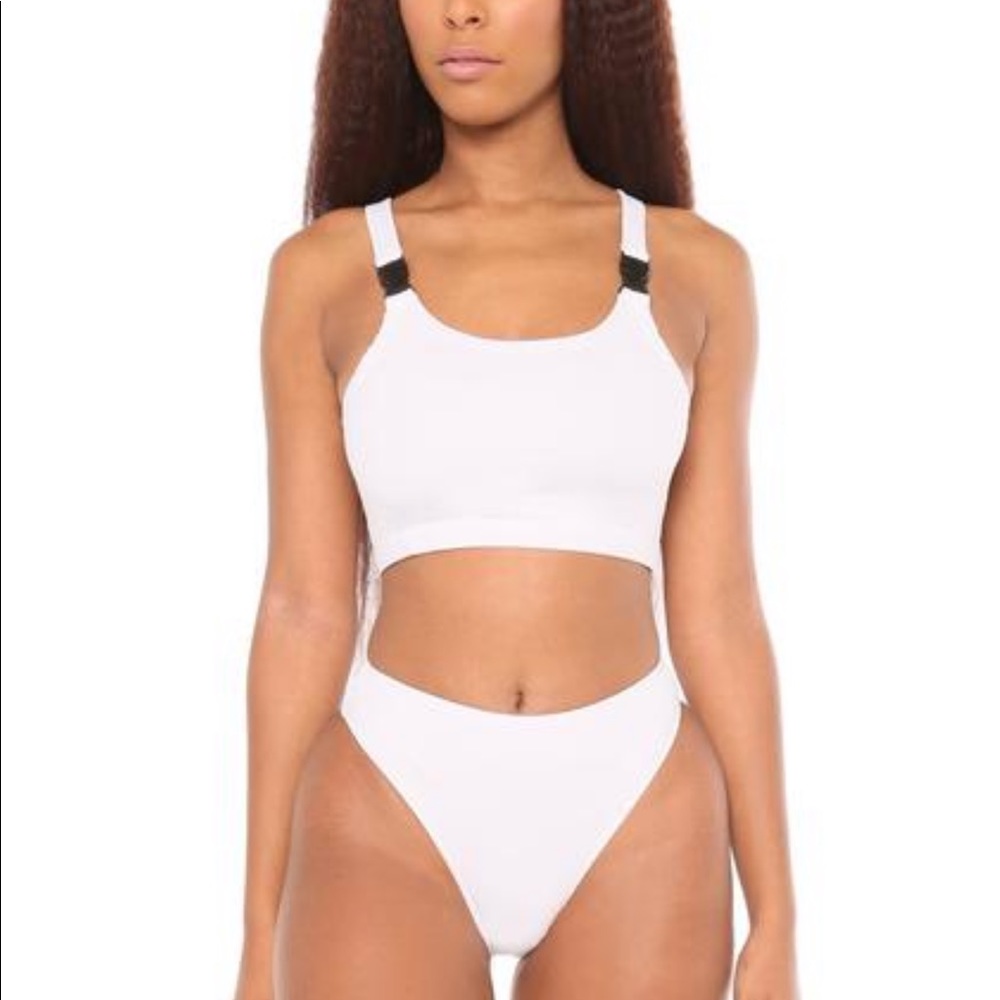 White buckle top high waisted swimsuit